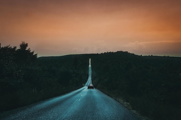 写真 夕暮れの空に照らされた木々の中の道