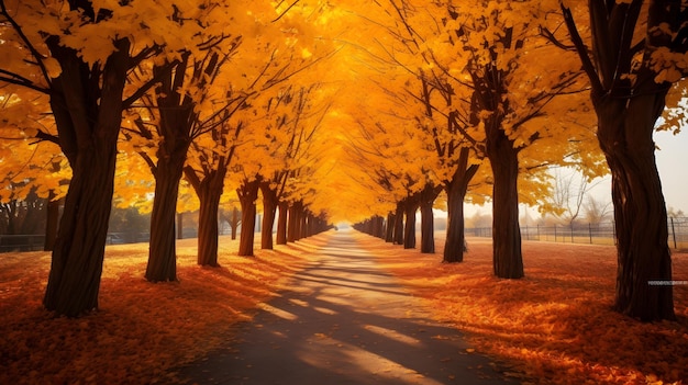 Road amidst vibrant autumn foliage under a canopy of golden leaves