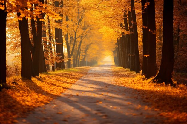 Road in autumn forest bright beautiful orange leaves falling on the ground