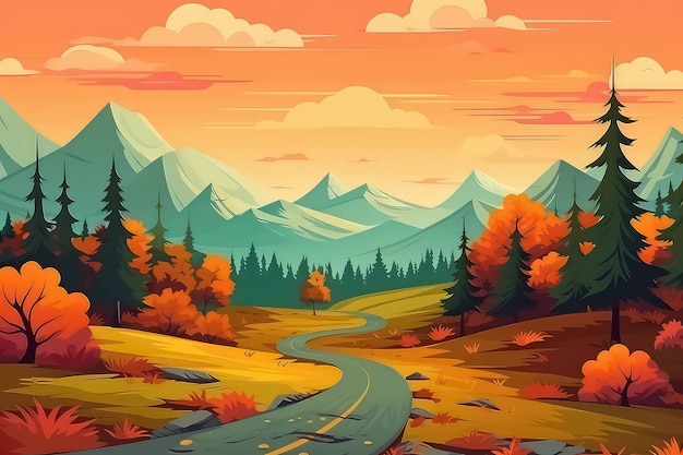 Road in the autumn forest at sunset