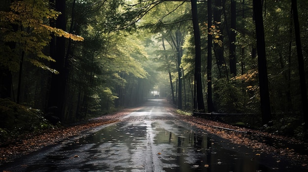 Road in the autumn rainy forest