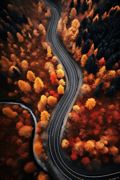 road in autumn in the style of photorealistic landscapes aerial photography