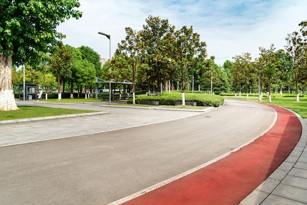 The road and the benches are in the park