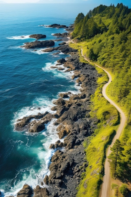 a road next to a body of water