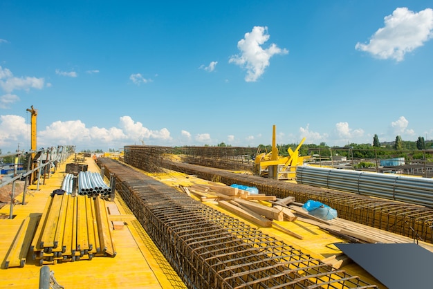Road bridge construction site during assembly of formwork and reinforcement