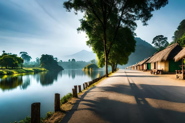 A road by the lake with a mountain in the background