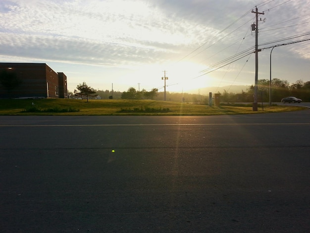 Road by lawn and house on sunny day