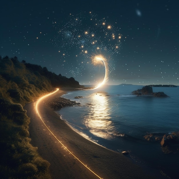 A road by the sea with a light from the stars