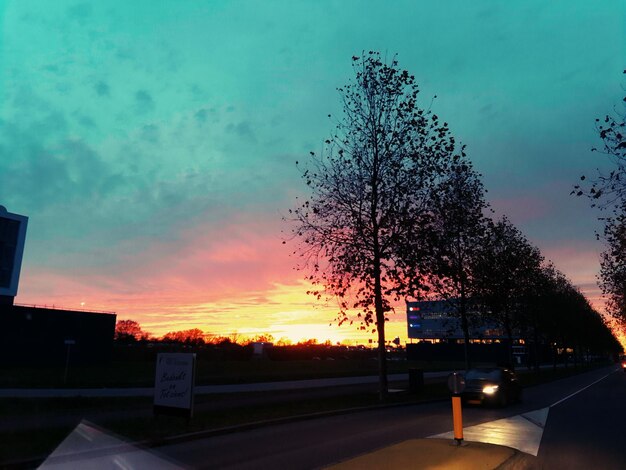 Road by trees against sky during sunset