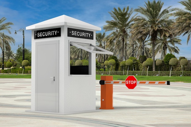 Road Car Barrier en Security Zone Booth met beveiligingsbord in lege stadsstraat met palmbomen 3D-rendering