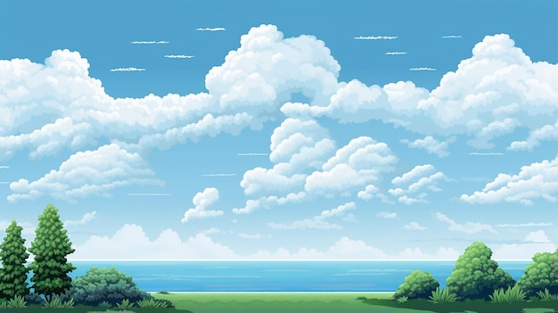 road for cars bushes ocean and sky with clouds grow Background Horizontal seamless pattern