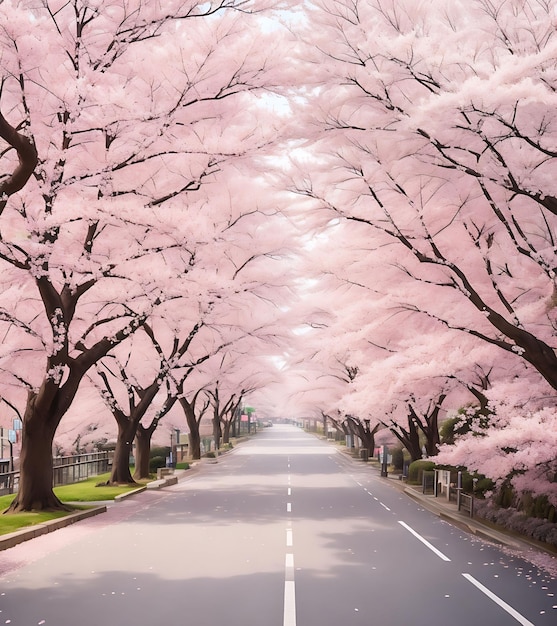 A road and cherry blossom