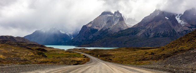 Road in chilean national park in Patagonia Torres del paine