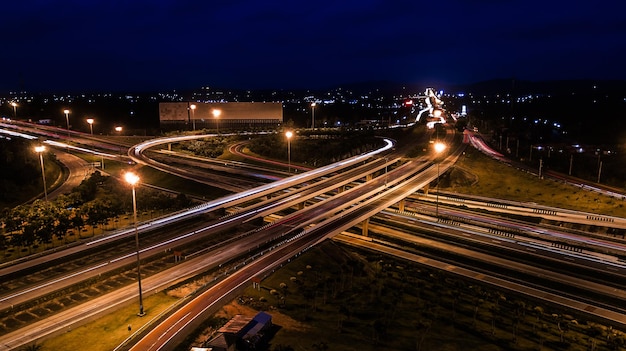 Over Road city highway at night Bird eye viwe drone Top view