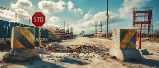 Road Closed Construction Site Entry Blocked by Stop Sign and Concrete Blocks