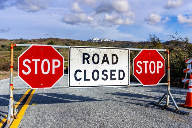 Road Closed sign posted on Mt Hamilton road due to snow South San Francisco Bay Area California snow visible on the summit in the background