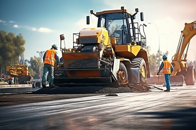 Photo road construction in action heavy equipment asphalting