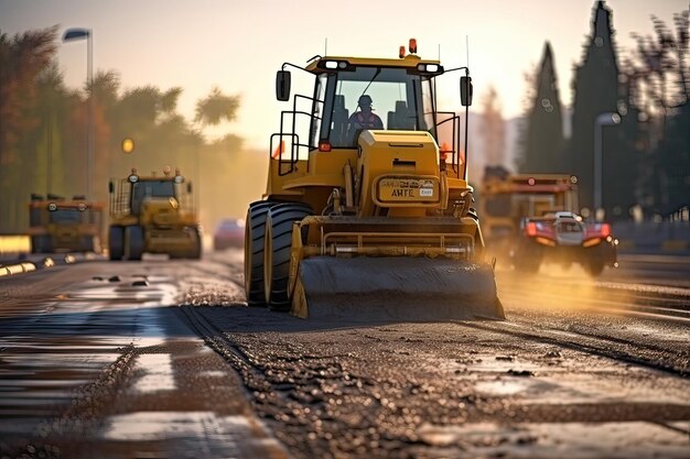 Photo road construction in action heavy equipment asphalting