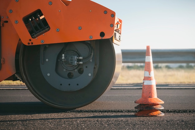 Road construction. steamroller.