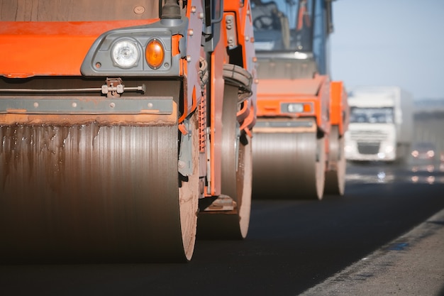 Road construction. steamroller.