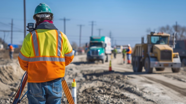 Photo road construction supervisor at worksite safety check