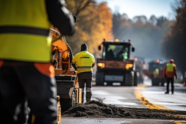 Photo road construction with view of two human workers beyond road machinery surfacing with asphalt