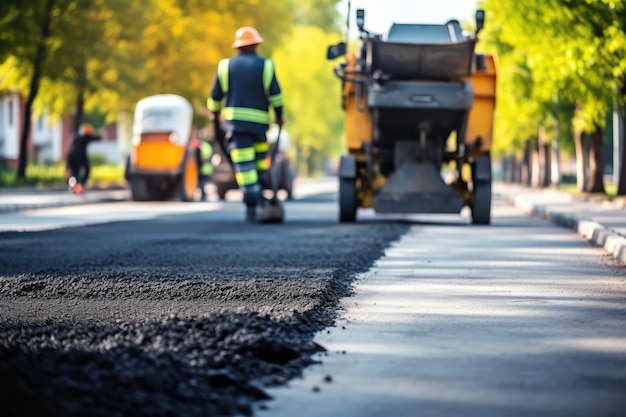 Foto lavoratori della costruzione stradale il sito di costruzione sta ponendo nuovo asfalto strada pavimentazione strada macchinari di costruzione strada riparazione autostrada illustrazione generativa ai