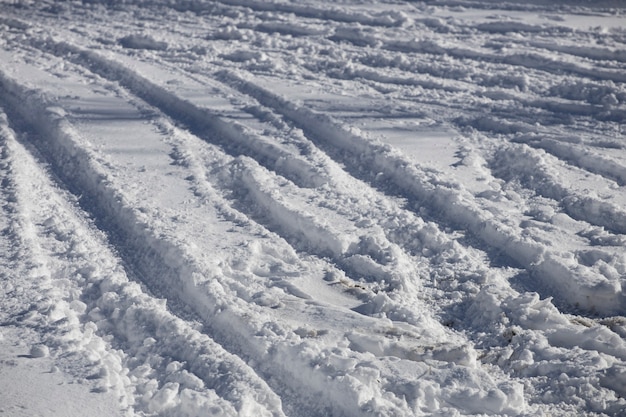 写真 車のタイヤの跡が雪で覆われた道路。高品質の写真