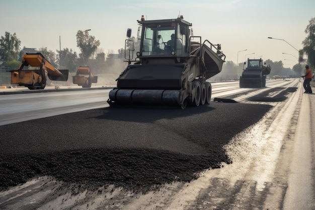 Road crew hard at work repaving cracked and worn road with fresh asphalt