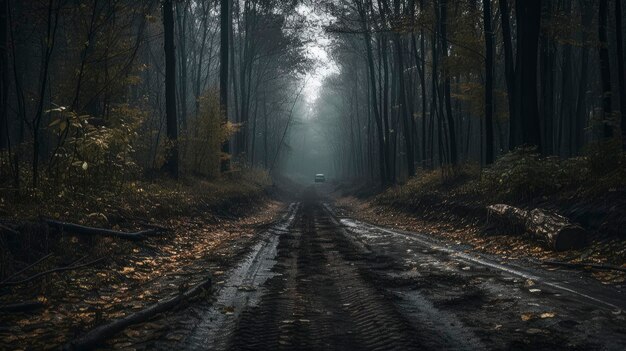 The road in the dark forest, the car is driving on the road.