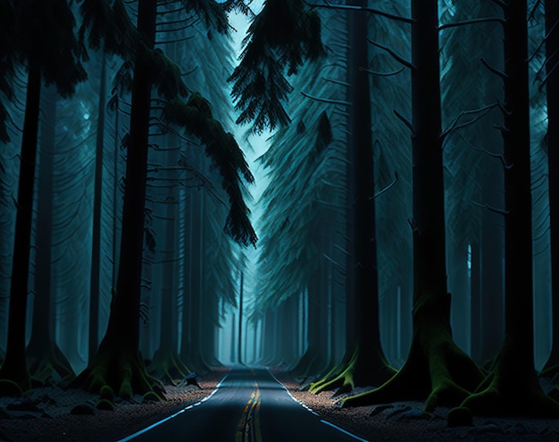 A road in a dark forest with a light on the road