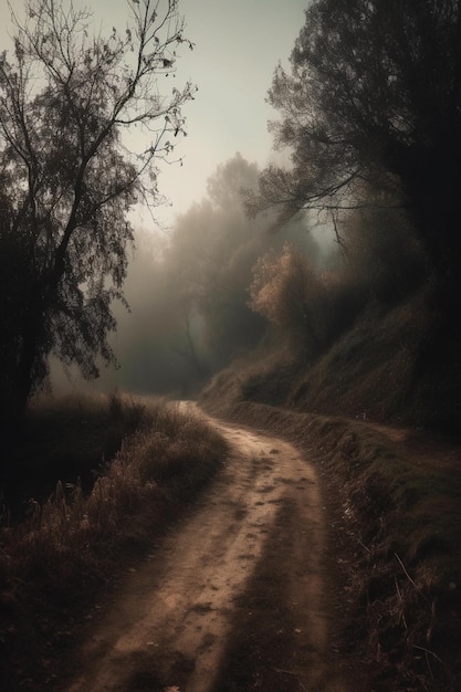 A road in the dark with the sun shining on the ground.