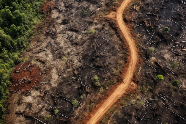 삼림 벌채된 토지의 도로 드론 뷰 생성 AI