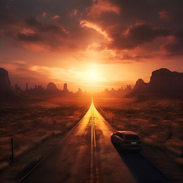 Road in the desert at sunset 3d rendering Computer digital drawing