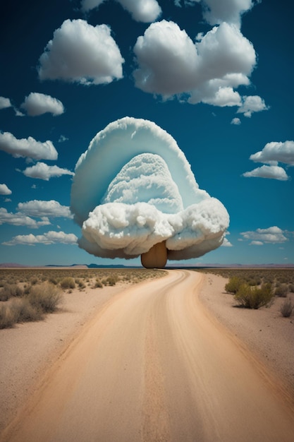 A road in the desert with a big cloud