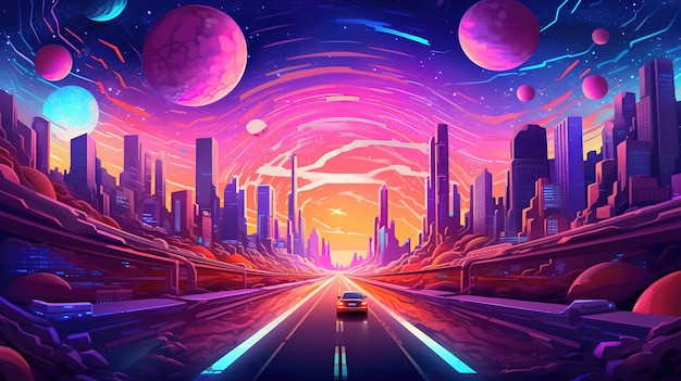 A road in the desert with a futuristic city and planets