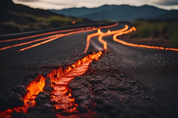 Photo the road in the desert with the lights on the road