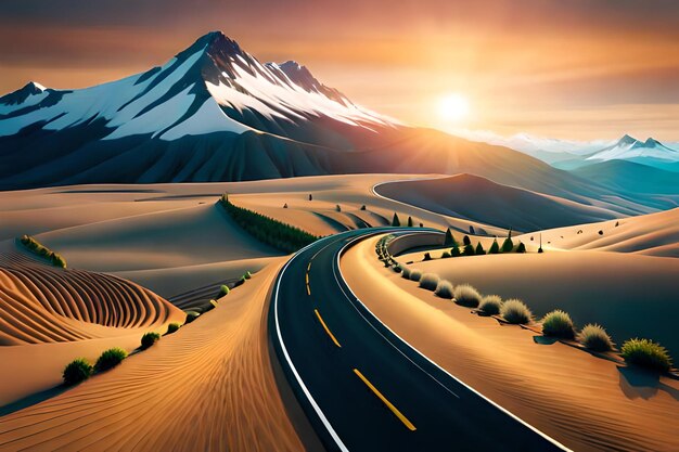 A road in the desert with a mountain in the background.