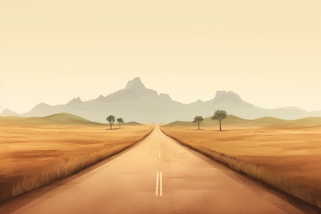 A road in a desert with mountains in the background