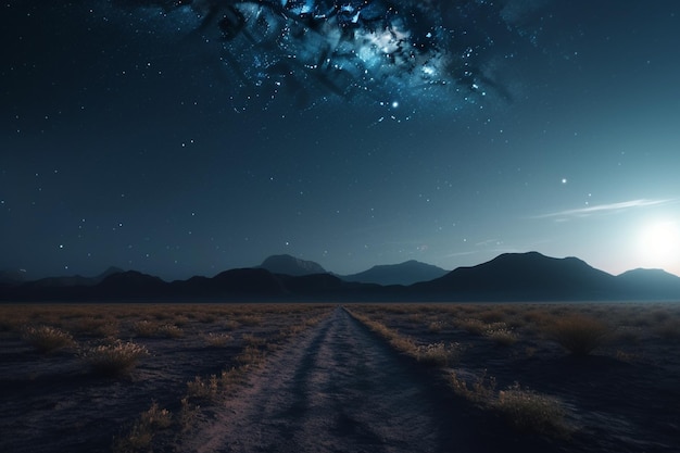 A road in the desert with a starry sky and mountains in the background.
