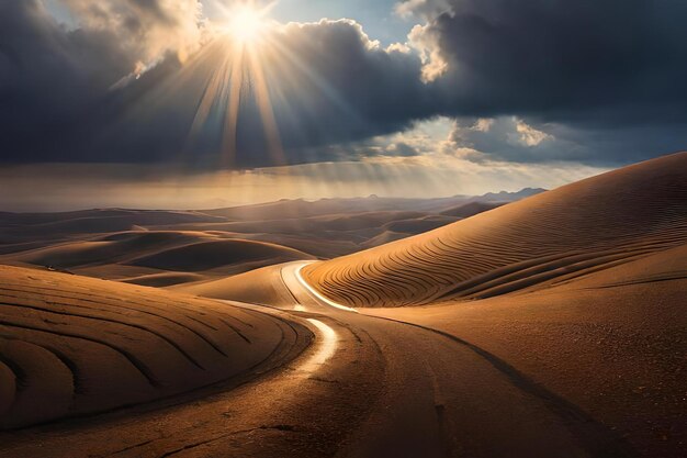 A road in the desert with sun rays