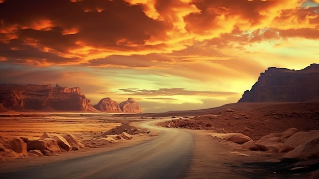 a road in the desert with a sunset in the background