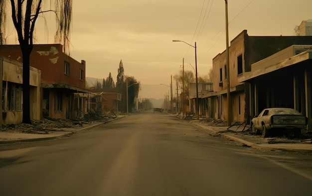 A road in a dilapidated smoky city with burnedout buildings AI Generative AI