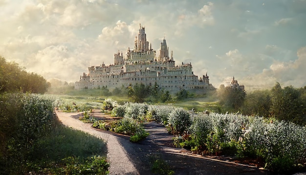 Road to a fairy tale castle on a hill with green fields and bushes