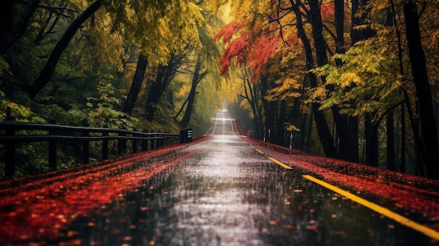 Photo a road in the fall with a colorful tree