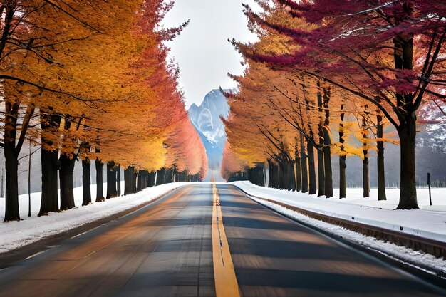 road in the fall with trees and snow on the ground