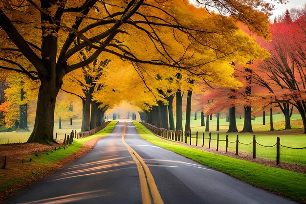 木と黄色の線のある秋の道