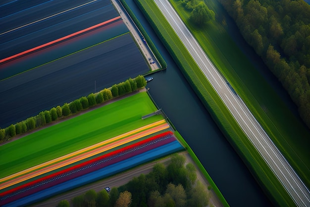 A road next to a field of tulips