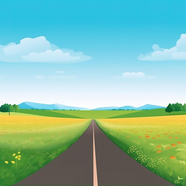 A road in a field with a blue sky and a field of flowers.