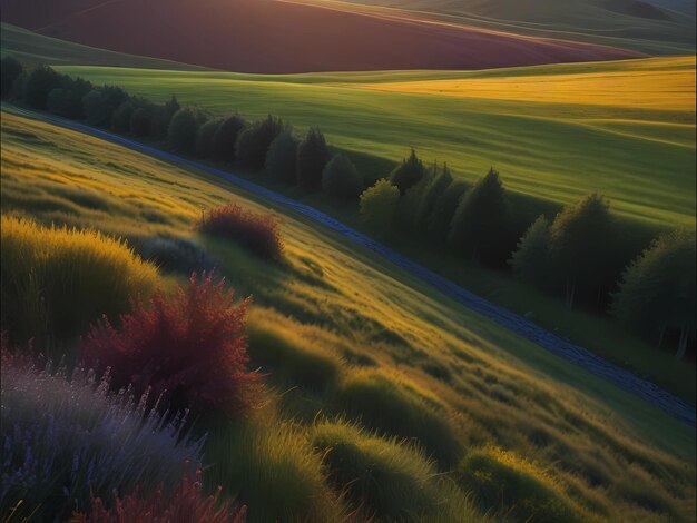 a road in a field with a sunset in the background